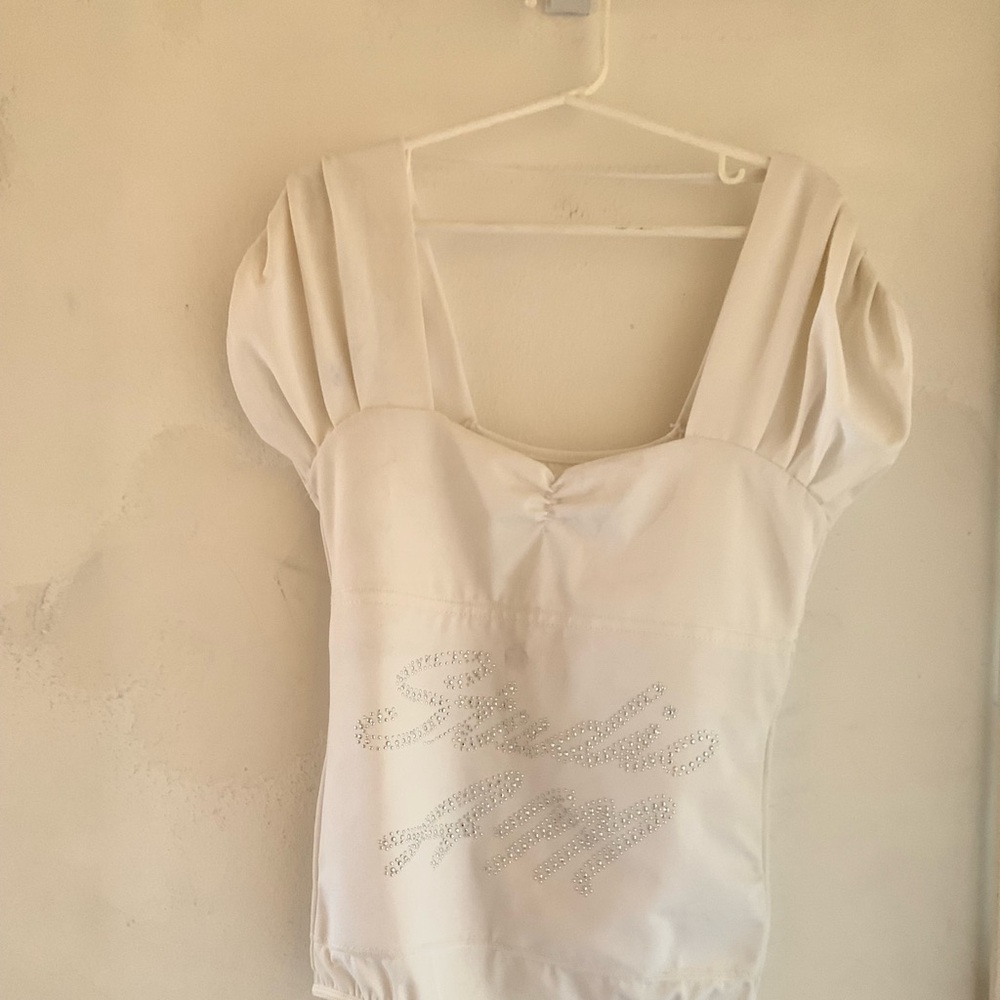 NWOT Studio AM White Leotard top with Rhinestone Detail, size L